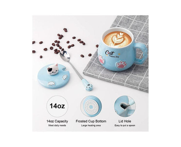 Ceramic Cat Mug with Lid and Spoon: Blue
